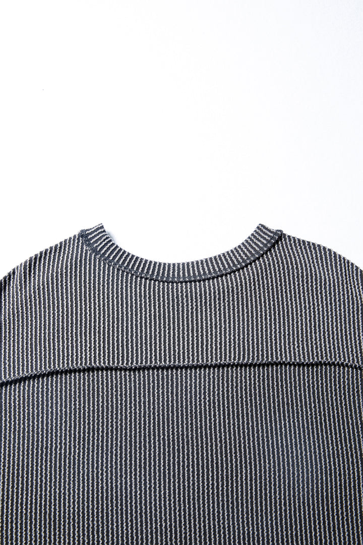 Black Twist Ribbed Exposed Seam Detail Long Sleeve Loose Top