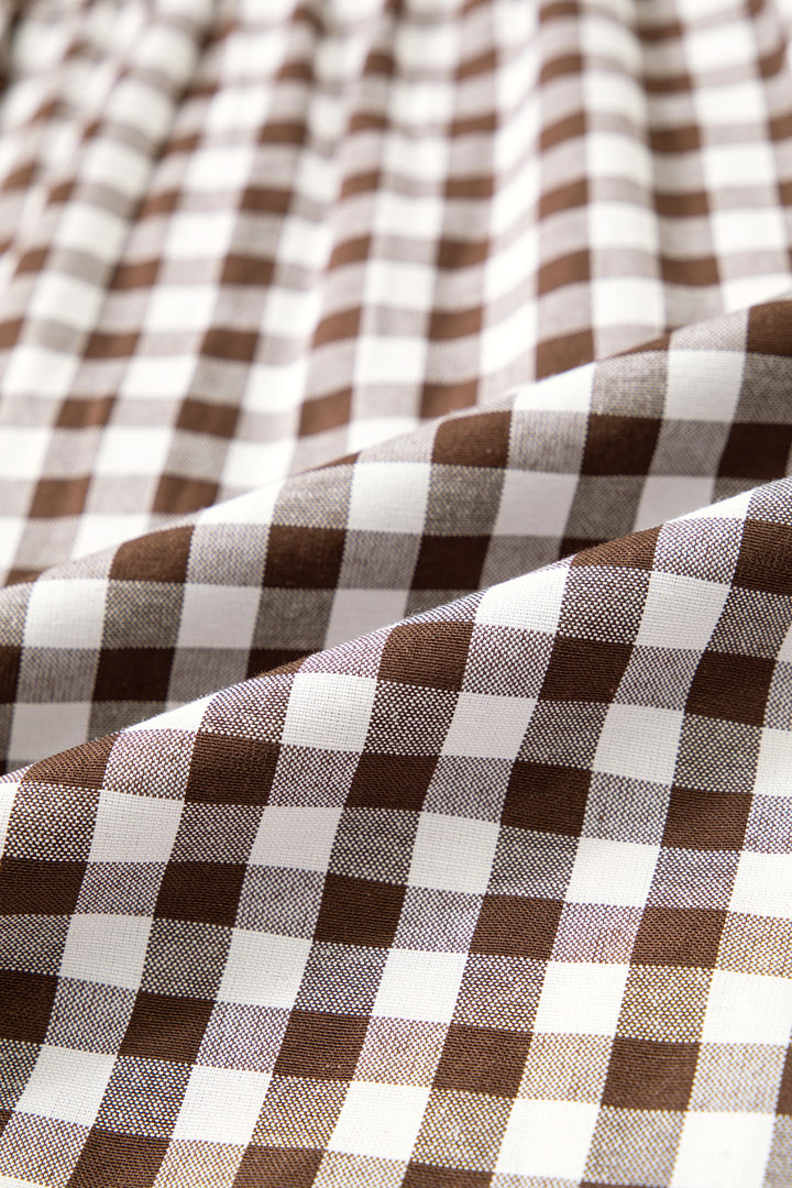 Brown Plaid Knot Half Sleeve Button Down Shirt