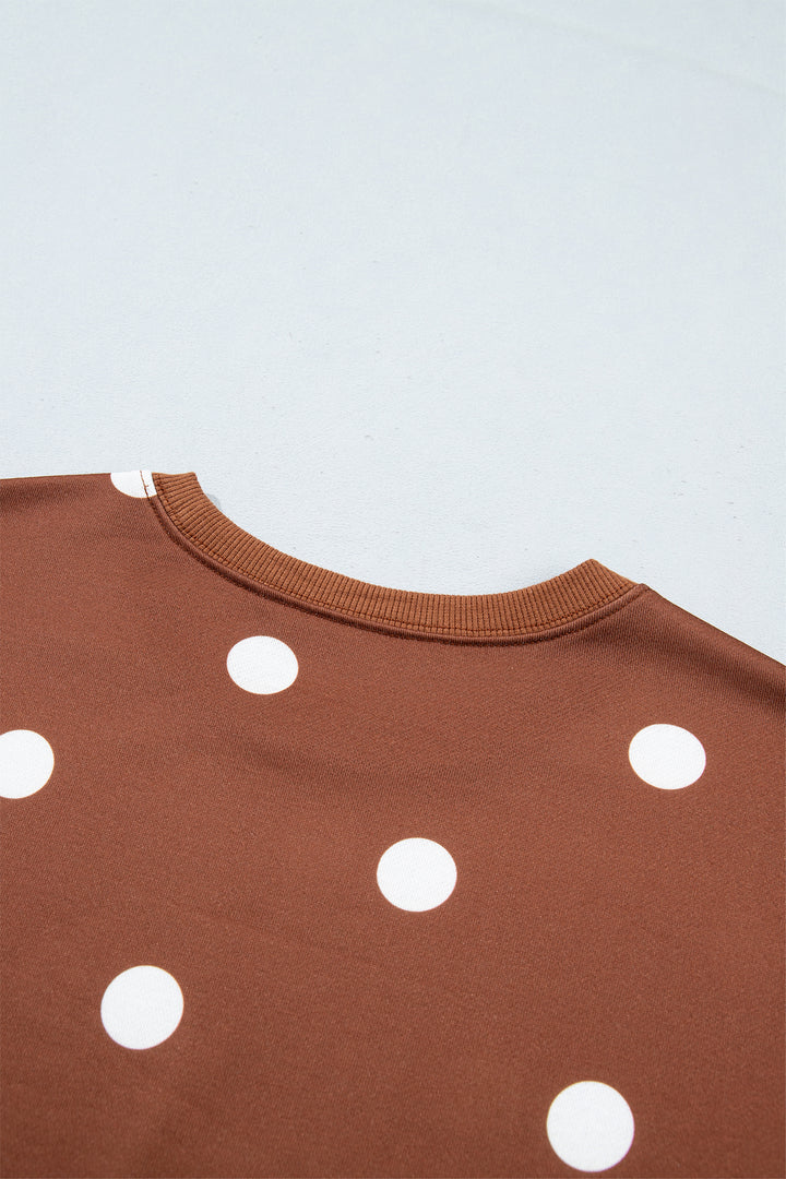 Brown Polka Dot Raw Hem Relaxed Pullover Loose Skort Two Piece Set