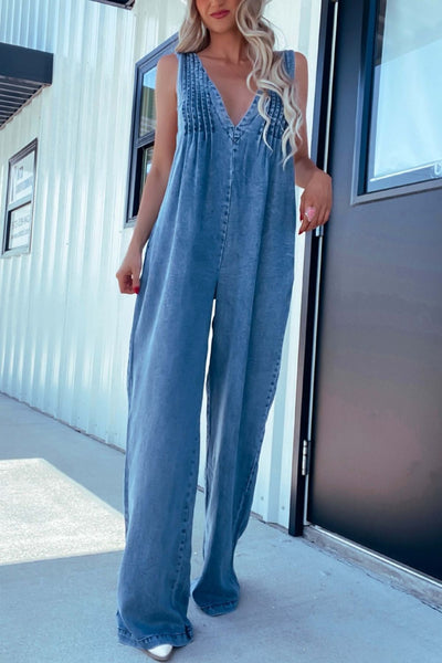 V-Neck Wide Leg Denim Jumpsuit