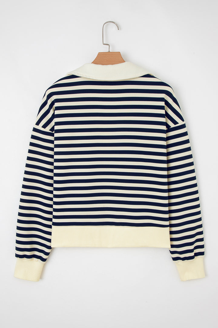 Blue Stripe Collared V Neck Long Sleeve Casual Top