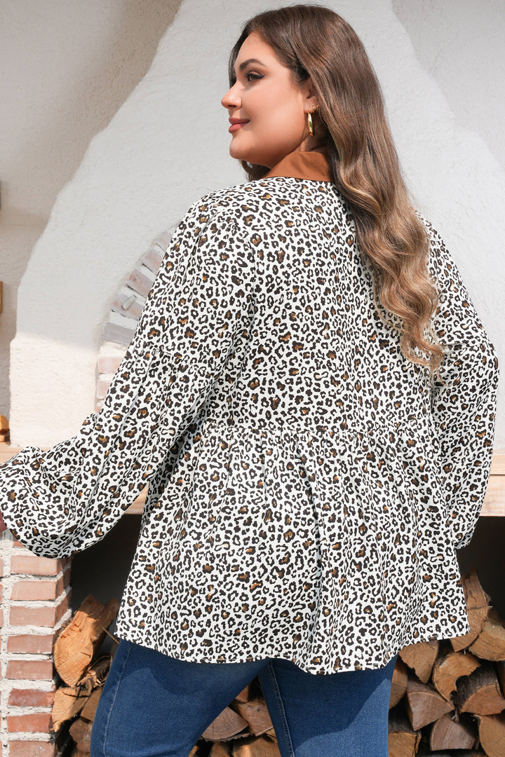 Khaki Plus Size Buttoned Contrast Trim Puff Sleeve Leopard Print Blouse