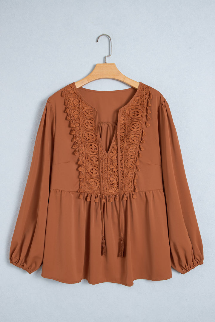 Chestnut Boho V Neck Embroidered Tassel Long Sleeve Plus Size Blouse