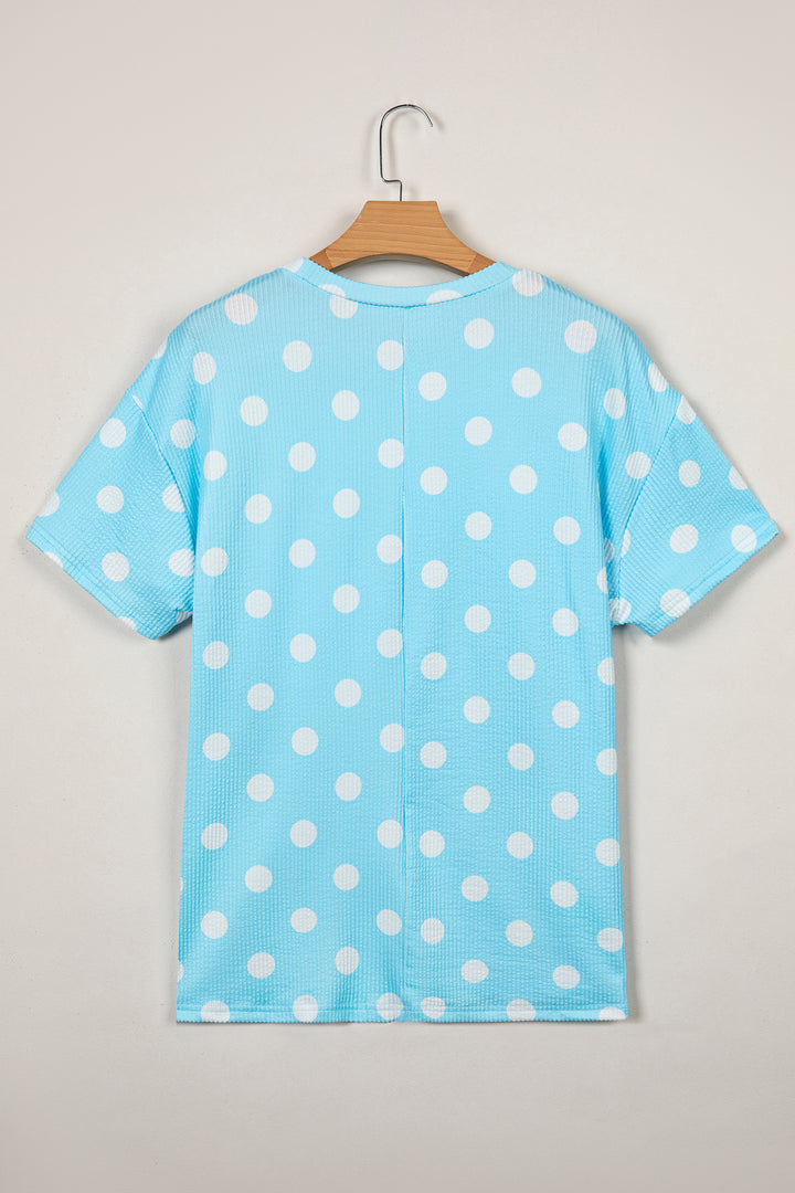 Pink Polka Dot Round Neck Drop Shoulder Patch Pocket Jacquard Texture Top