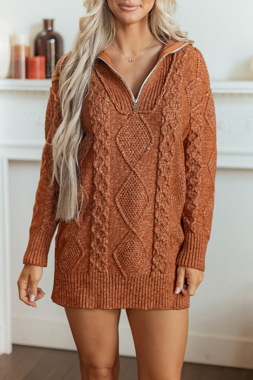 Clay Zip-Up Cable Knit Drop Shoulder Sweater Dress
