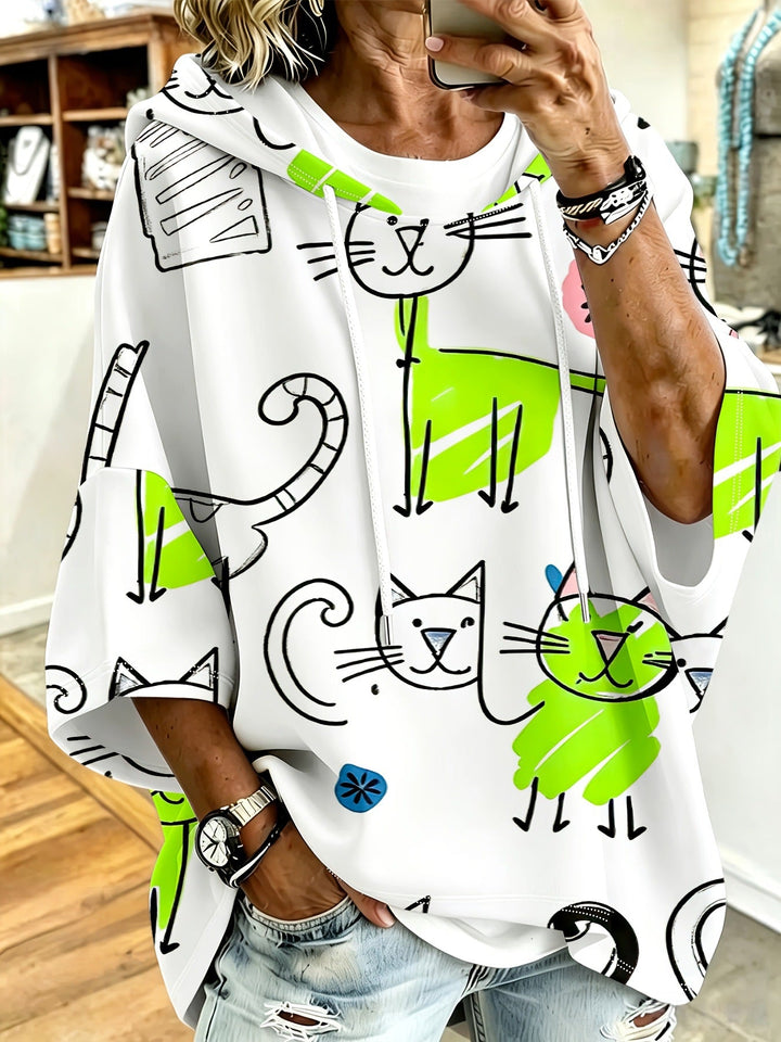 Cartoon Cat Print Hoodie with 3/4 Sleeves &amp; Drawstring