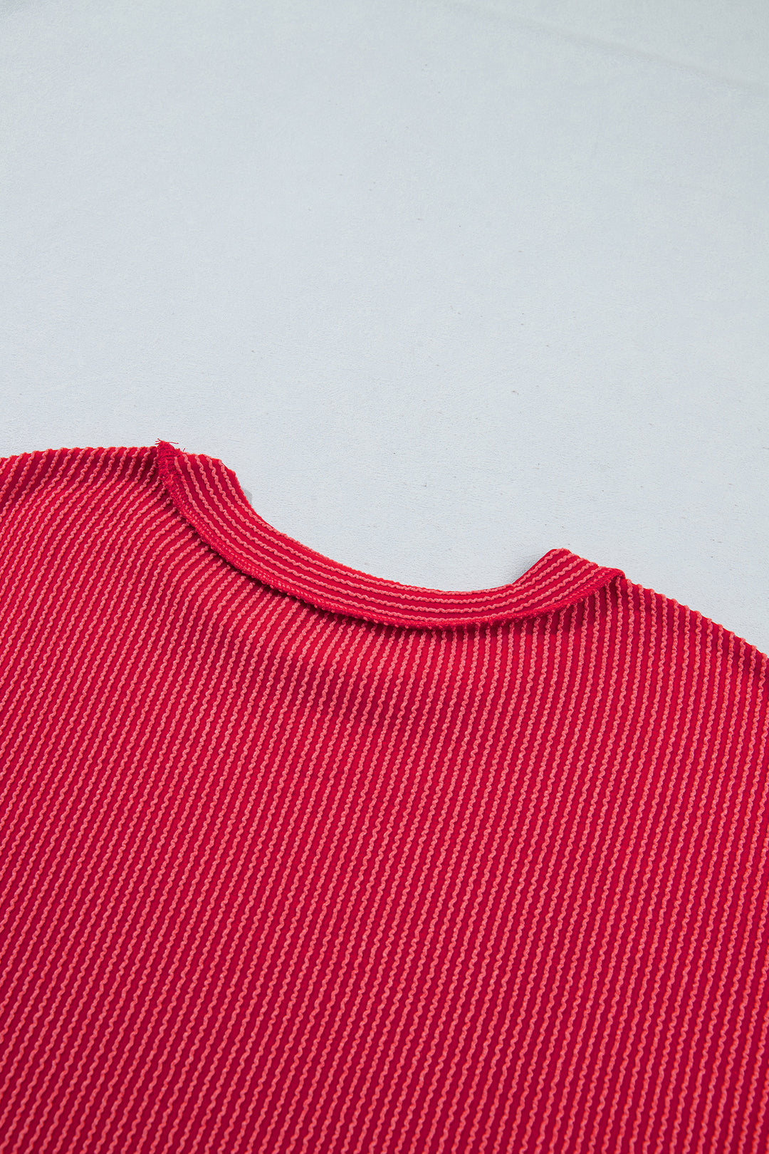 Fiery Red Patchwork Plaid Colorblock Twist Rib Round Neck Long Sleeve Top