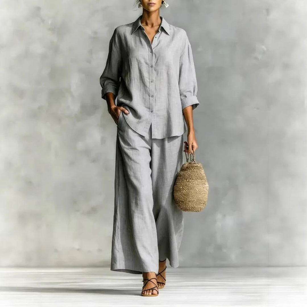 Cotton-Linen Shirt &amp; Wide-Leg Pants Suit – 6 Colors, S–5XL