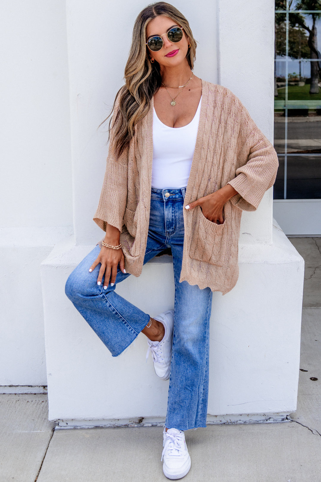 Old Rose Hollowed Pattern Knit Drop Shoulder Open Sweater Cardigan