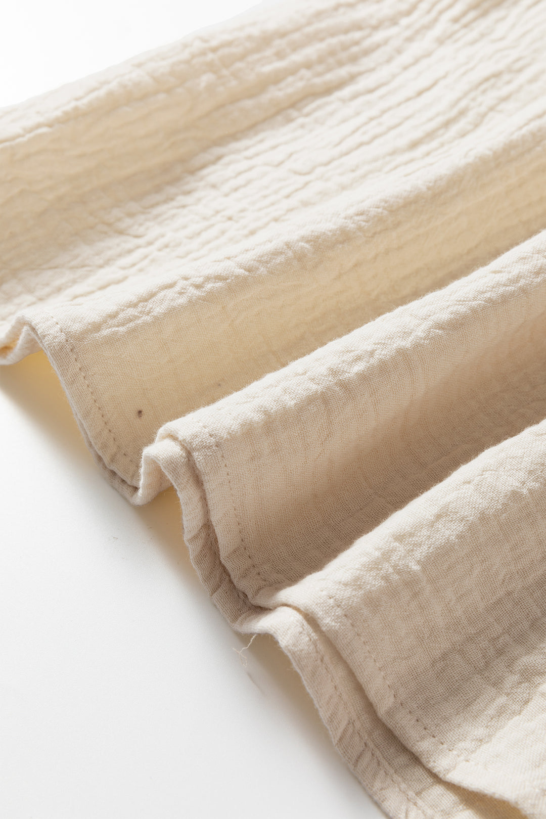 Beige Crochet Insert Textured Cotton Short Sleeve Blouse Top