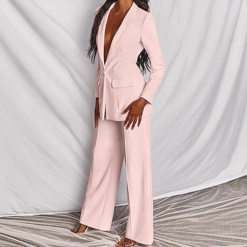 Lapel Button-Down Blazer &amp; Straight-Leg Trousers Suit