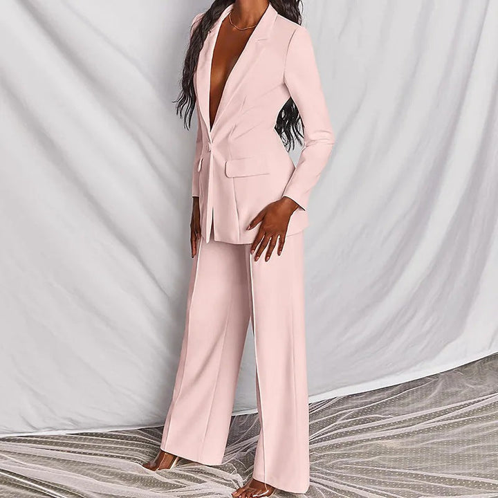 Lapel Button-Down Blazer &amp; Straight-Leg Trousers Suit