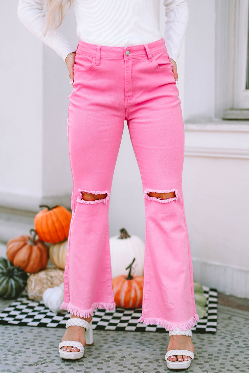 Pink Vintage High Waist Flare Leg Ripped Raw Hem Jeans