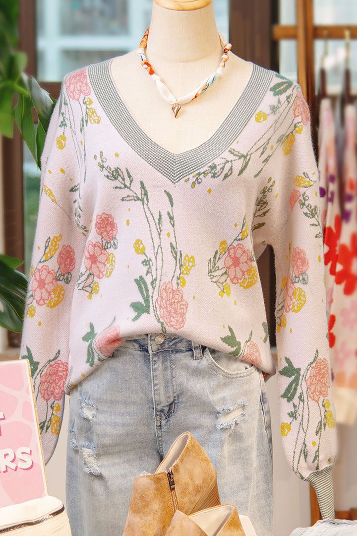 Pink Floral Pattern Striped V Neck Loose Sweater