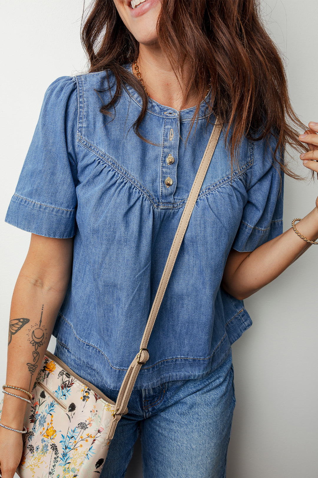 Beau Blue Seam Pleated Detail Half Button Short Sleeve Denim Top