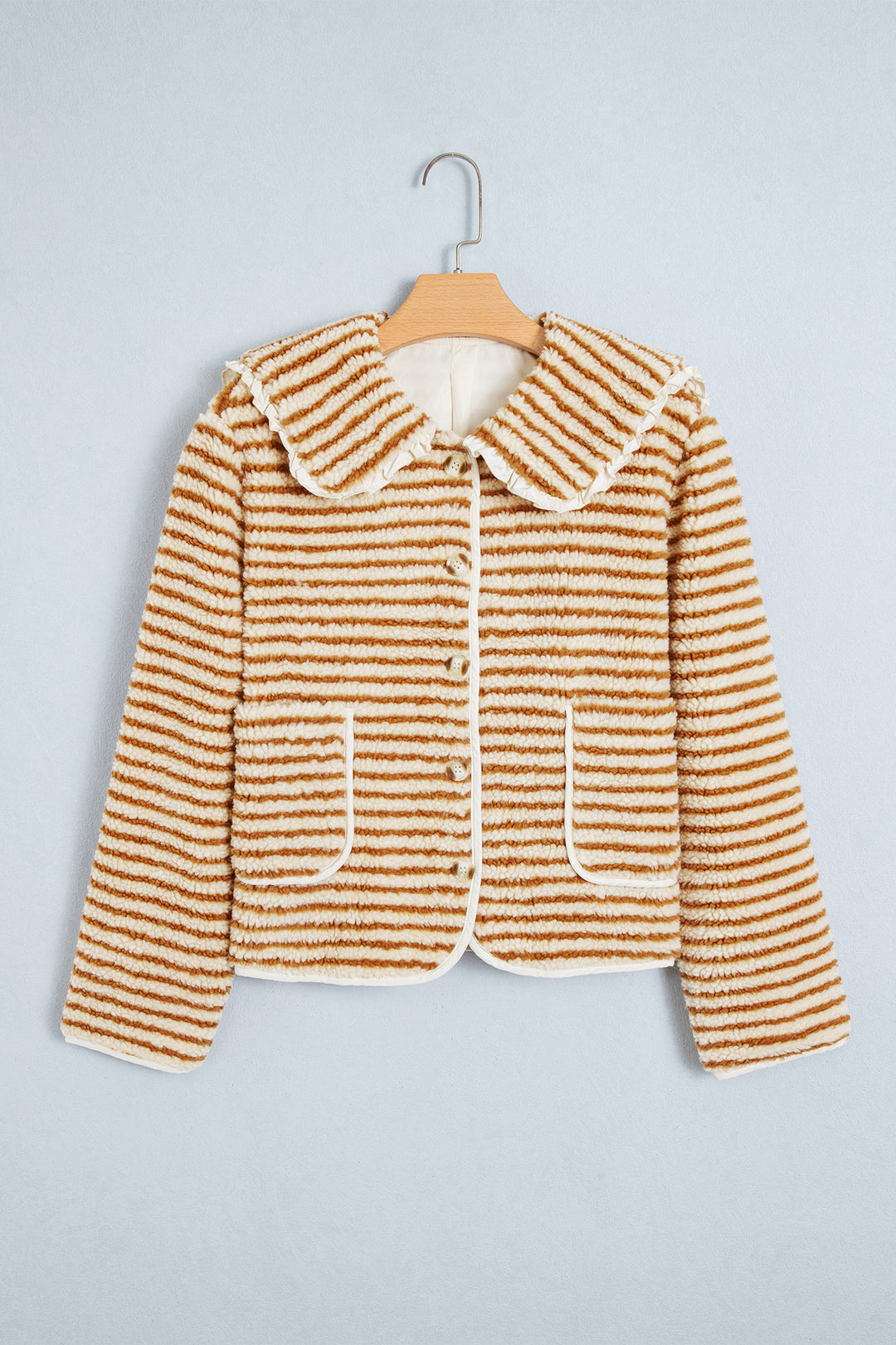 Brown Stripe Striped Fleece Button Front Long Sleeve Regular Fit Jacket