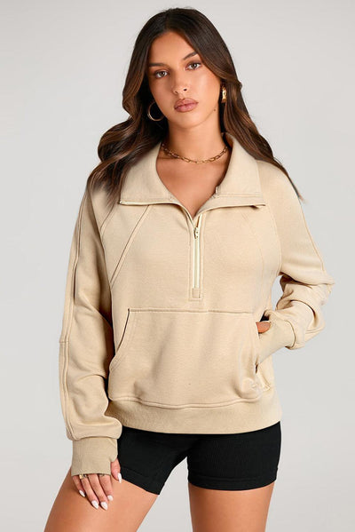 Parchment Quarter Zip Stand Neck Kangaroo Pocket Sweatshirt