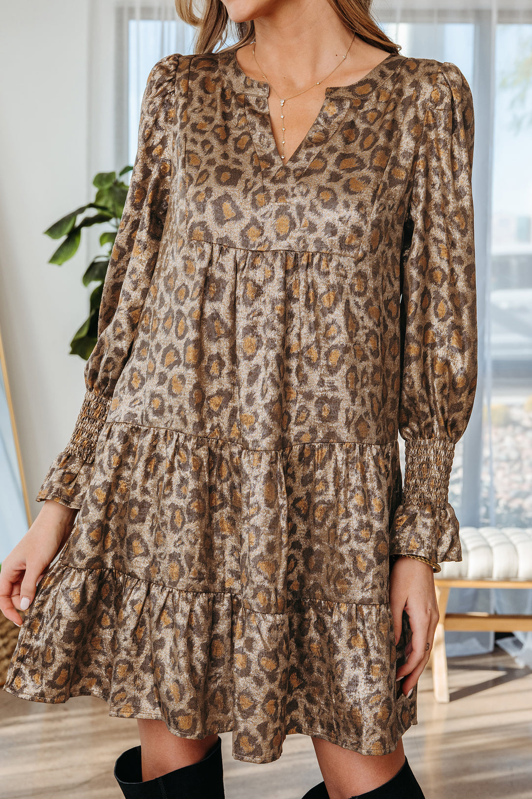 Khaki Leopard Print V Neck Ruffled Sleeve Tiered Loose Mini Dress