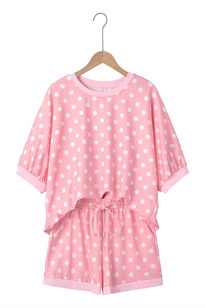Beige Polka Dot Oversized Top Drawstring Short Set