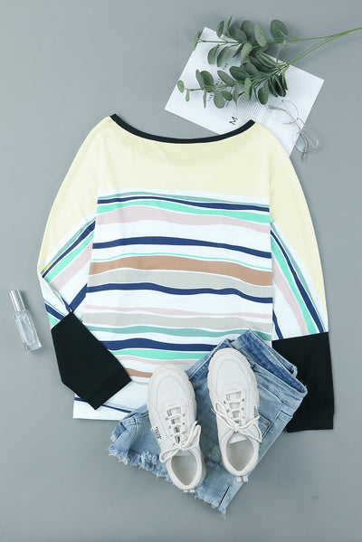 Multicolor Striped Color Block Loose Fit Long Sleeve Top