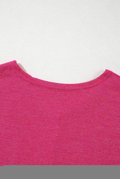 Rose Red Textured Long Sleeve V Neck Top