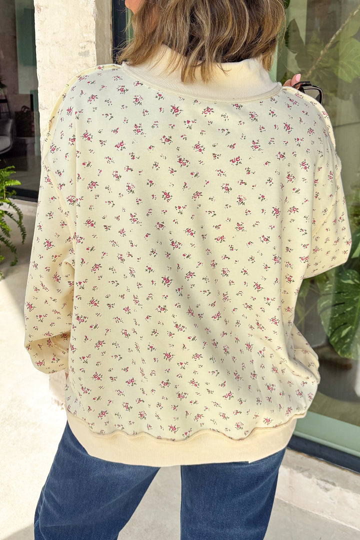 Beige Floral Print Stand Neck Long Sleeve Slogan Sweatshirt