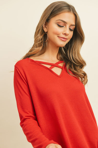 Criss Cross Neck Long Sleeve Hacci Top