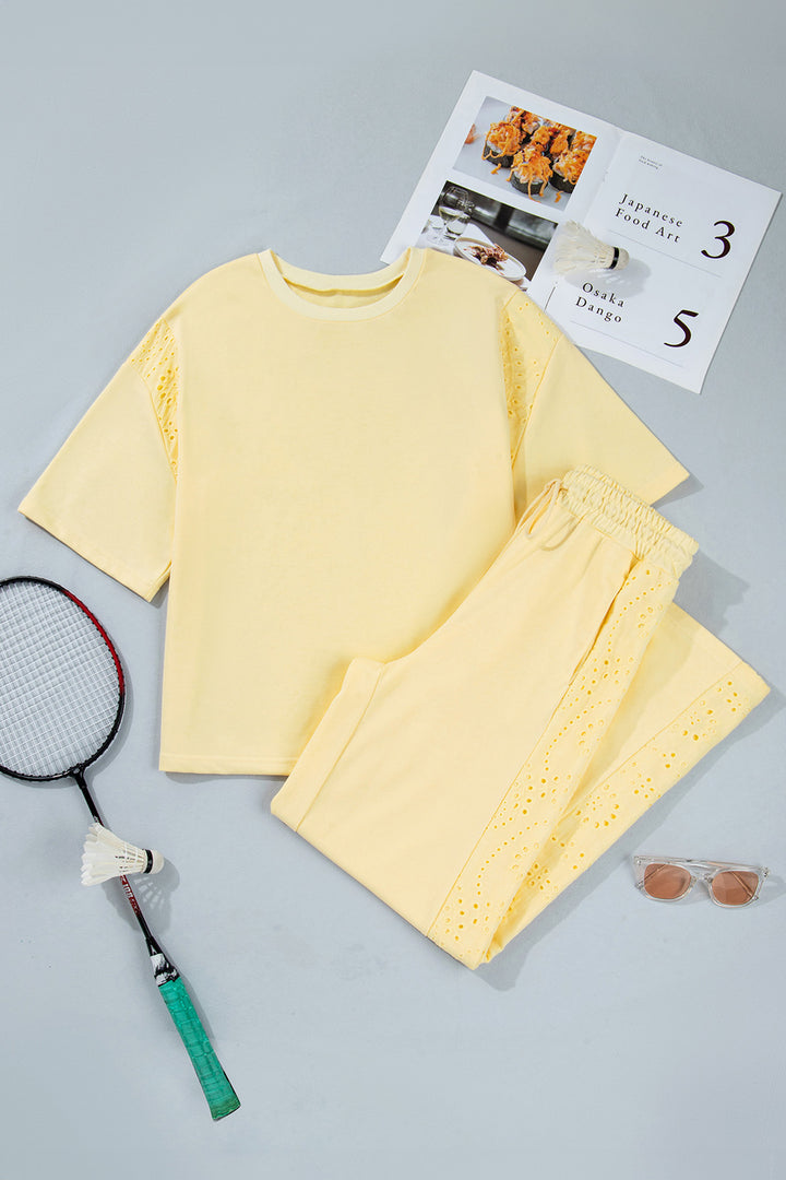 Light Green Lace Patchwork Half Sleeve Top Elastic Waist Pants Two Piece Set