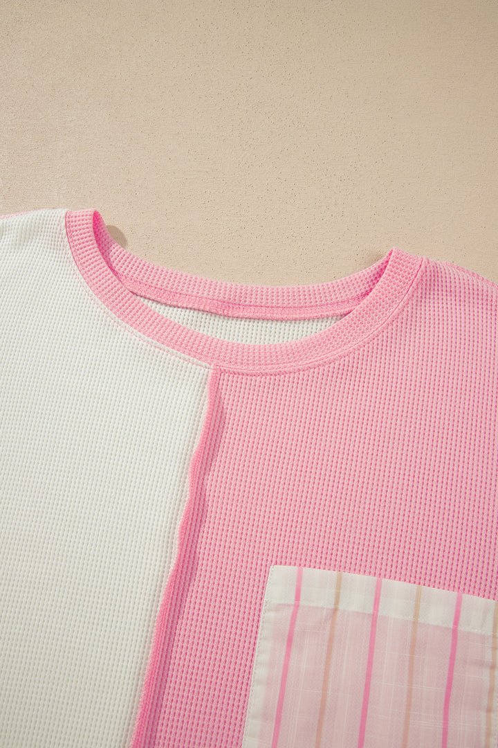 Pink Colorblock Plaid Panel Long Sleeve Plus Size Blouse