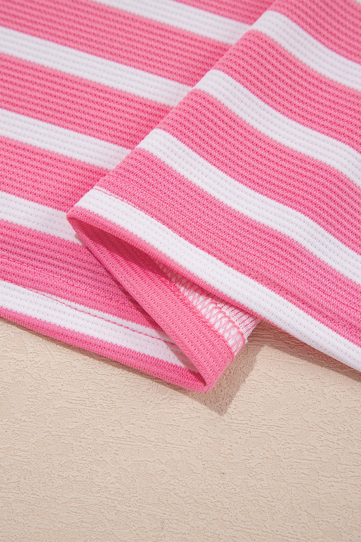 Blue Stripe Short Puff Sleeve Color Block Polo Collar Blouse