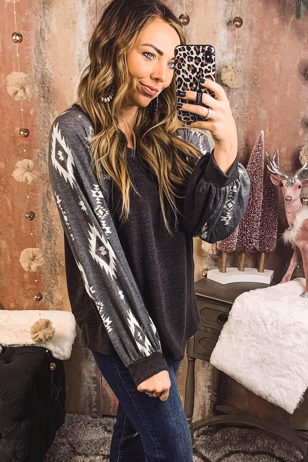 Black Western Print Patch Long Sleeve Top