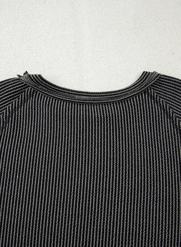 Dark Grey Corded Lantern Sleeve Top High Waist Ruffled Mini Skirt Set