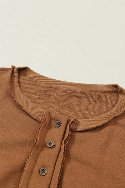 Chestnut Drop Shoulder Henley Buttons Sweatshirt