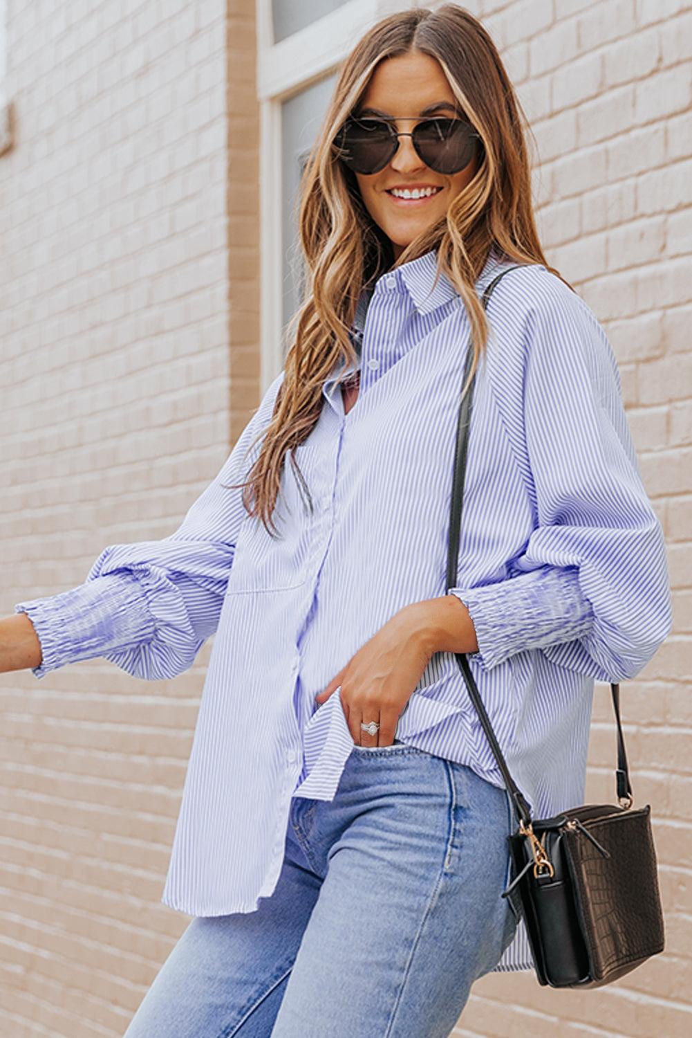 Sky Blue Smocked Cuffed Striped Boyfriend Shirt with Pocket