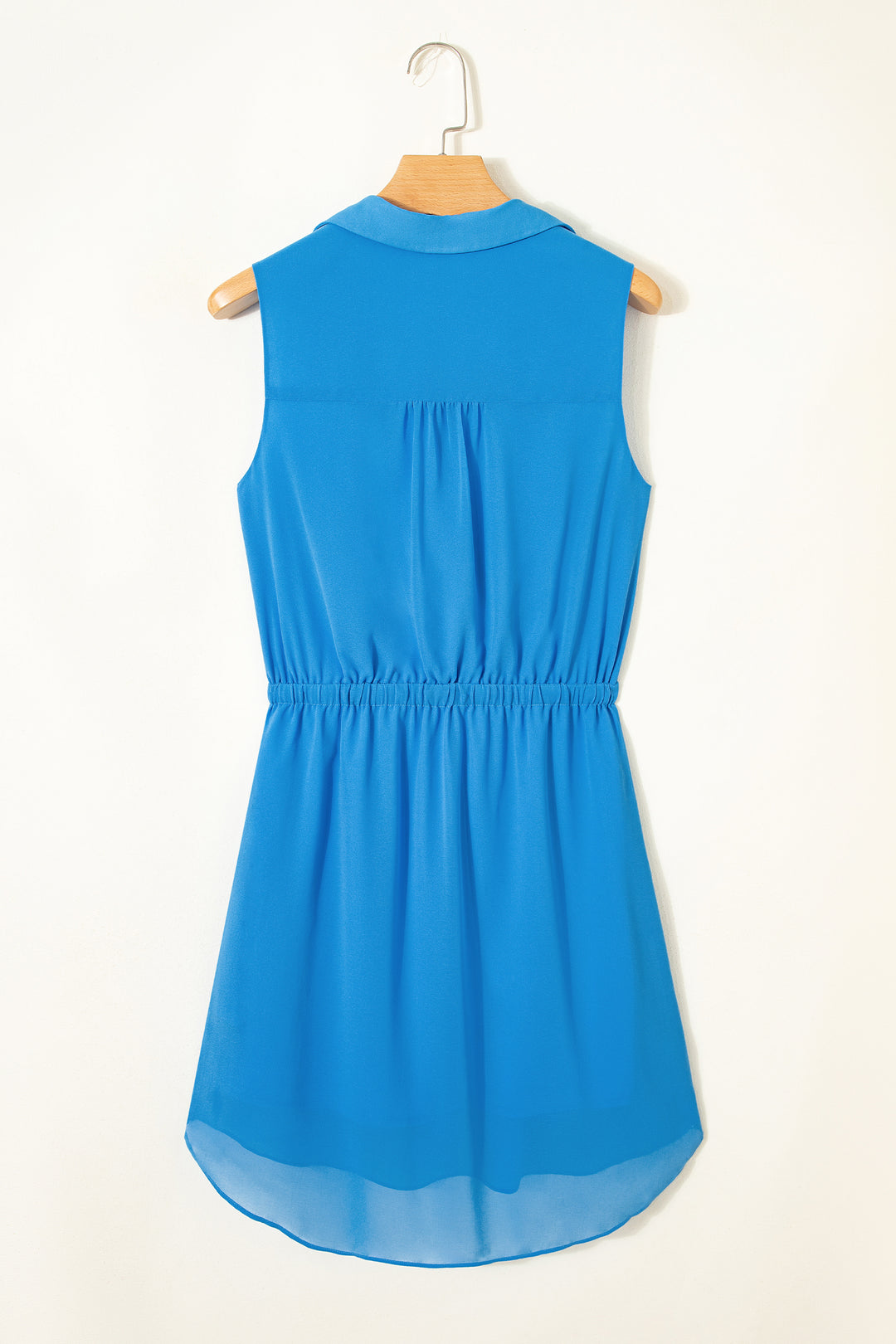 Blue Half Buttons Collared Elastic Waist Sleeveless Shirt Dress
