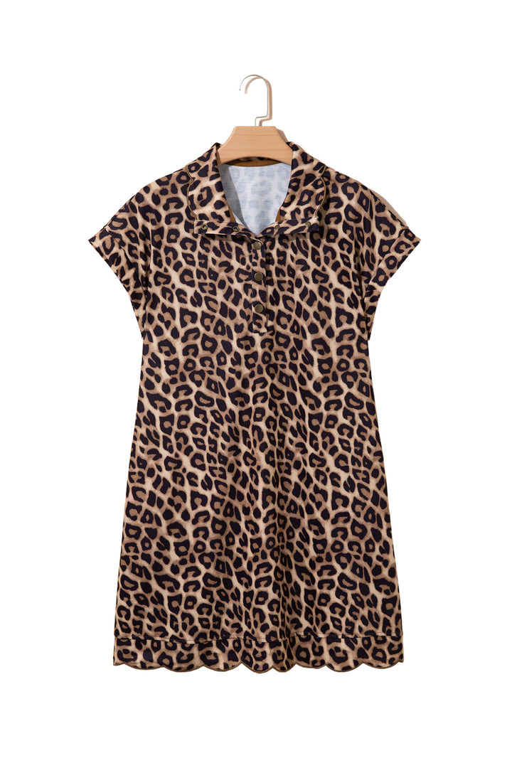 Khaki Buttoned Collar Short Sleeve Shift Leopard Dress with Pockets