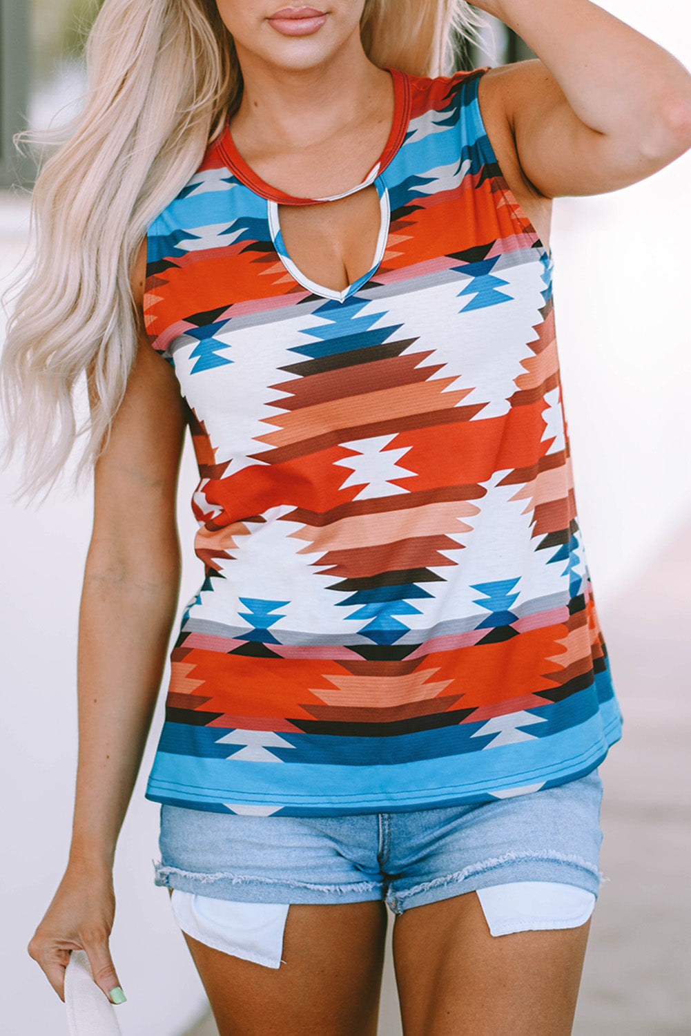 Fiery Red Aztec Geometric Print Hollowed Neckline Tank Top