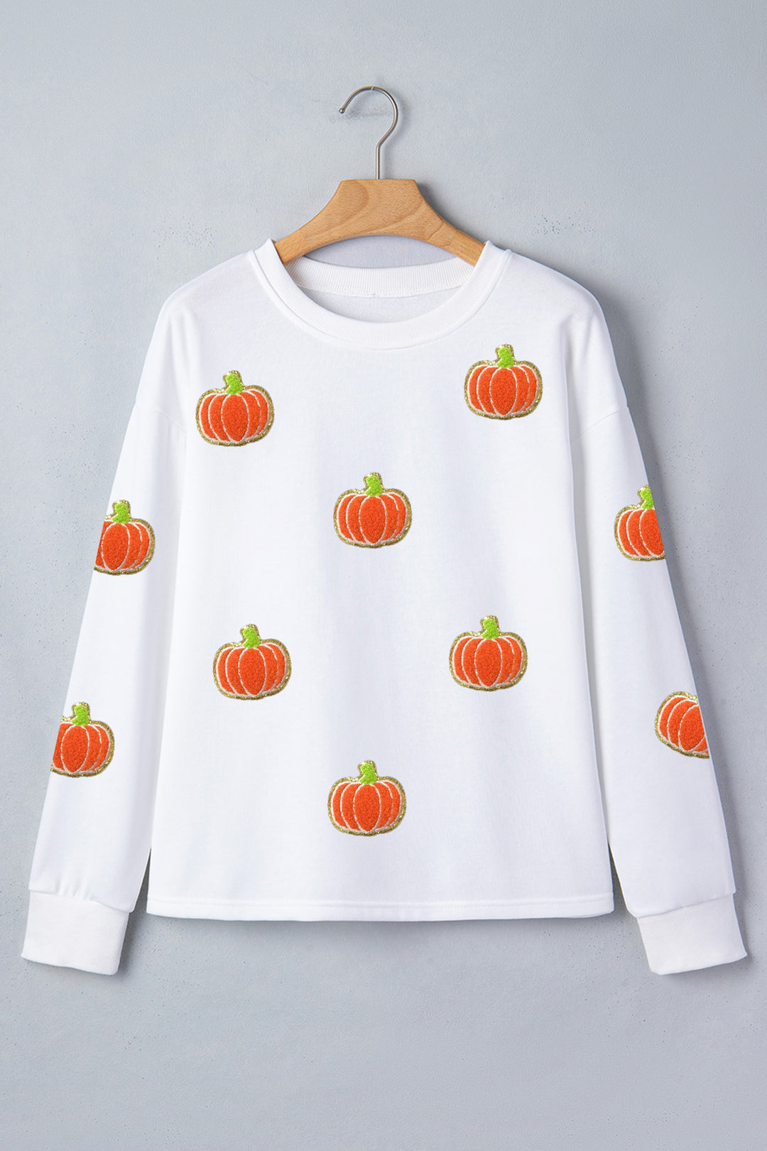 White Glitter Chenille Pumpkin Patch Graphic Long Sleeve Top