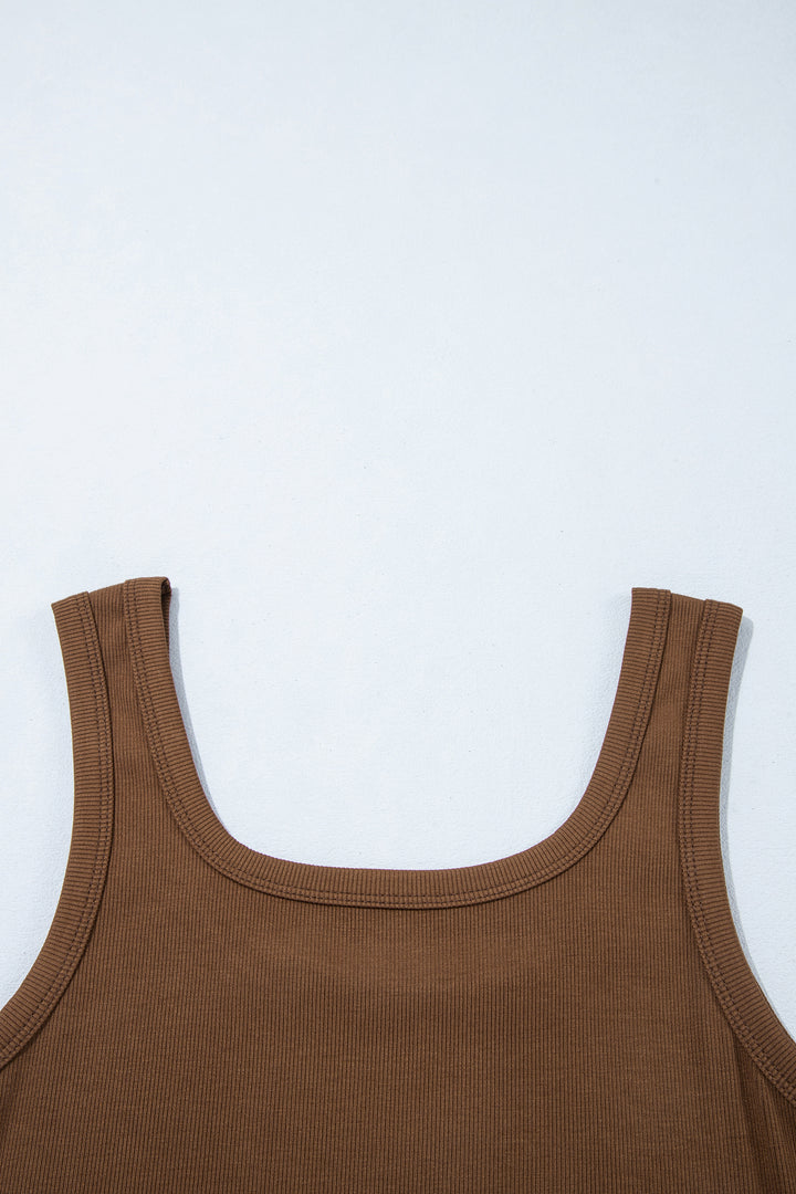 Dark Brown Studded Scoop Neck Ribbed Tank Top