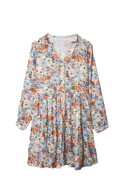 Multicolor Split Neck Buttons Front Shirt Floral Dress