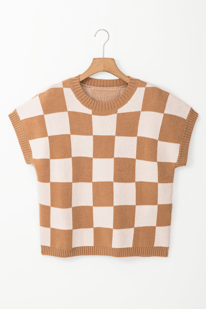 Light French Beige Colorblock Plaid Pattern Ribbed Trim Sweater Tank Top