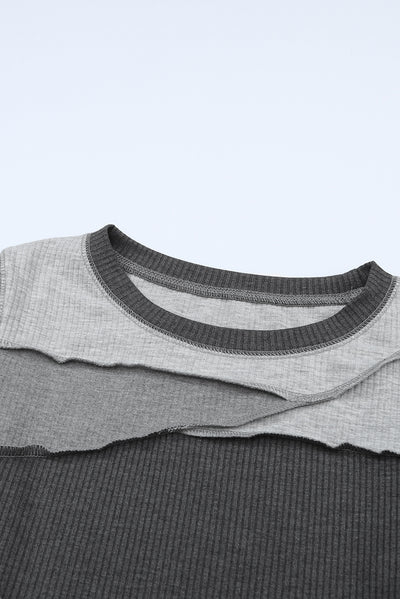 Gray Expose Seam Color Block Ribbed Knit Top