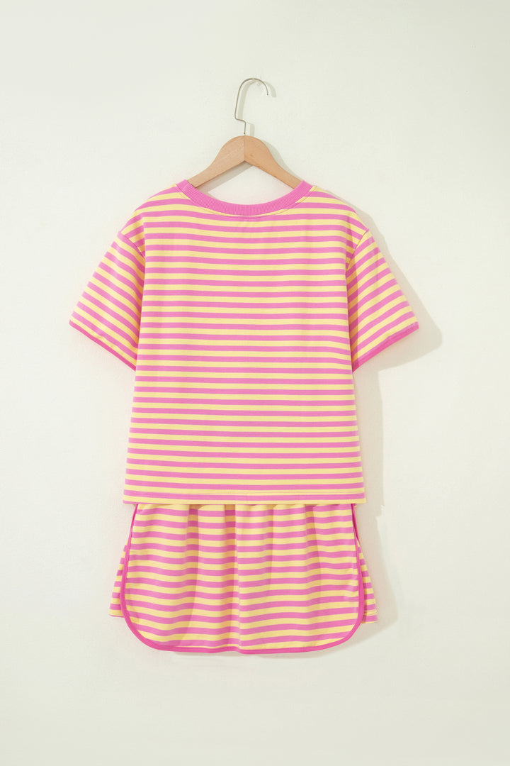 Pink Stripe Loose Short Sleeve Top and Skirt Set