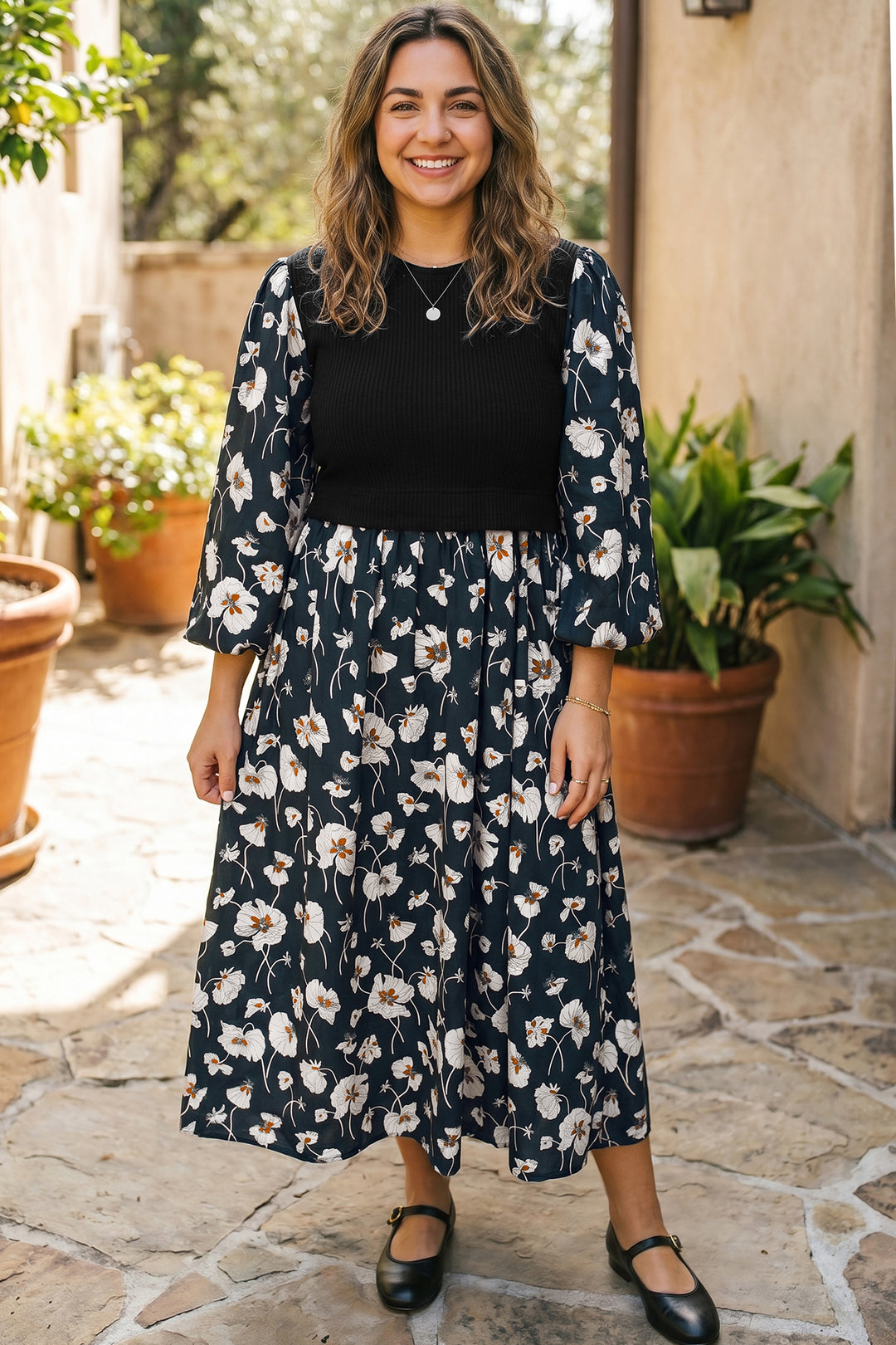 Black Floral Print Long Sleeve Round Neck Shift Plus Size Dress