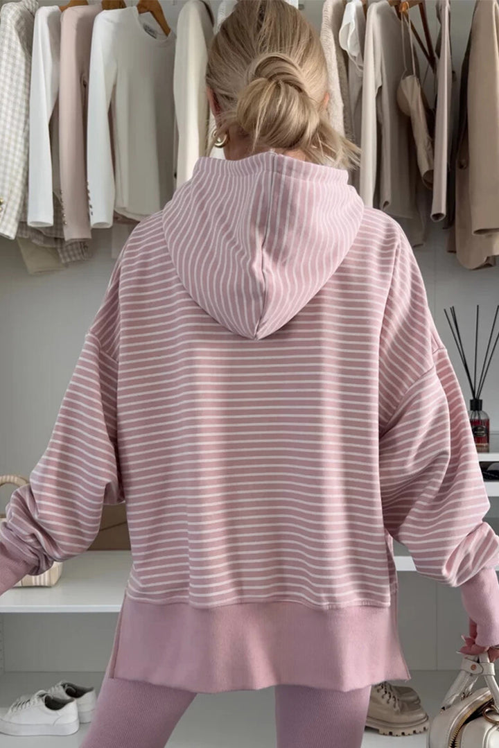 Rose Stripe Thumbhole Side Slits Drop Shoulder Loose Fit Hoodie