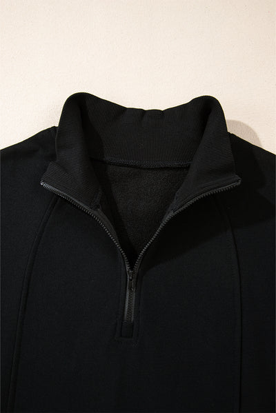 Black Zipped Neck Pullover Drop Shoulder Sweatshirt