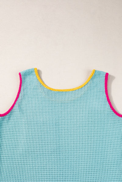 Light Blue Color Block Patched Pocket Breathable Knit Tank Top