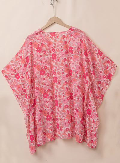 Pink Boho Floral V Neck Kimono Style Blouse