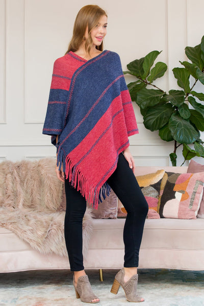 Hdf3007rdbl - Red Blue Two Tone Chain Print Fringe Poncho