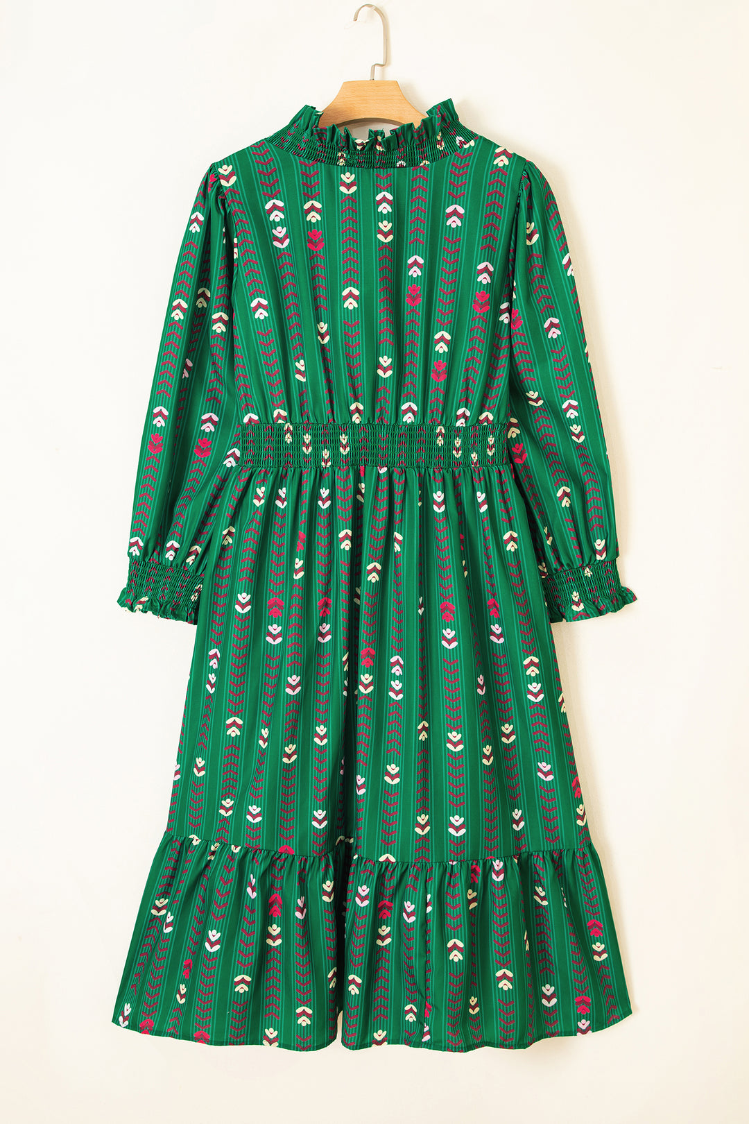 Green Floral Print V Neck Long Sleeve Shift Plus Size Dress